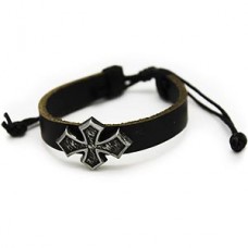 Biker Leather Cross Bracelet - Black