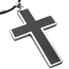 Big Carbon Fiber Contemporary Stainless Steel Cross Necklace