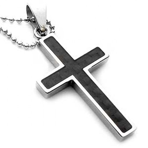INOX 316L Textured Stainless Steel with Forge Carbon Fiber Cross Necklace 24" 