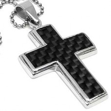 Carbon Fiber Contemporary Wide 2 Stainless Steel Cross Necklace