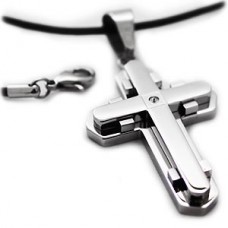 Contemporary Podium Stainless Steel Cross Necklace with Leather Chain