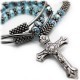 Aqua Glass Bead Rosary Cross Necklace