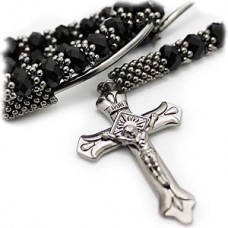 Black Glass Bead Rosary Cross Necklace