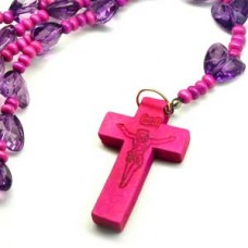 Hot Pink Hearted Chain Wood Cross Necklace
