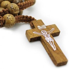 Brown Wood Bead Crucifix Cross Necklace